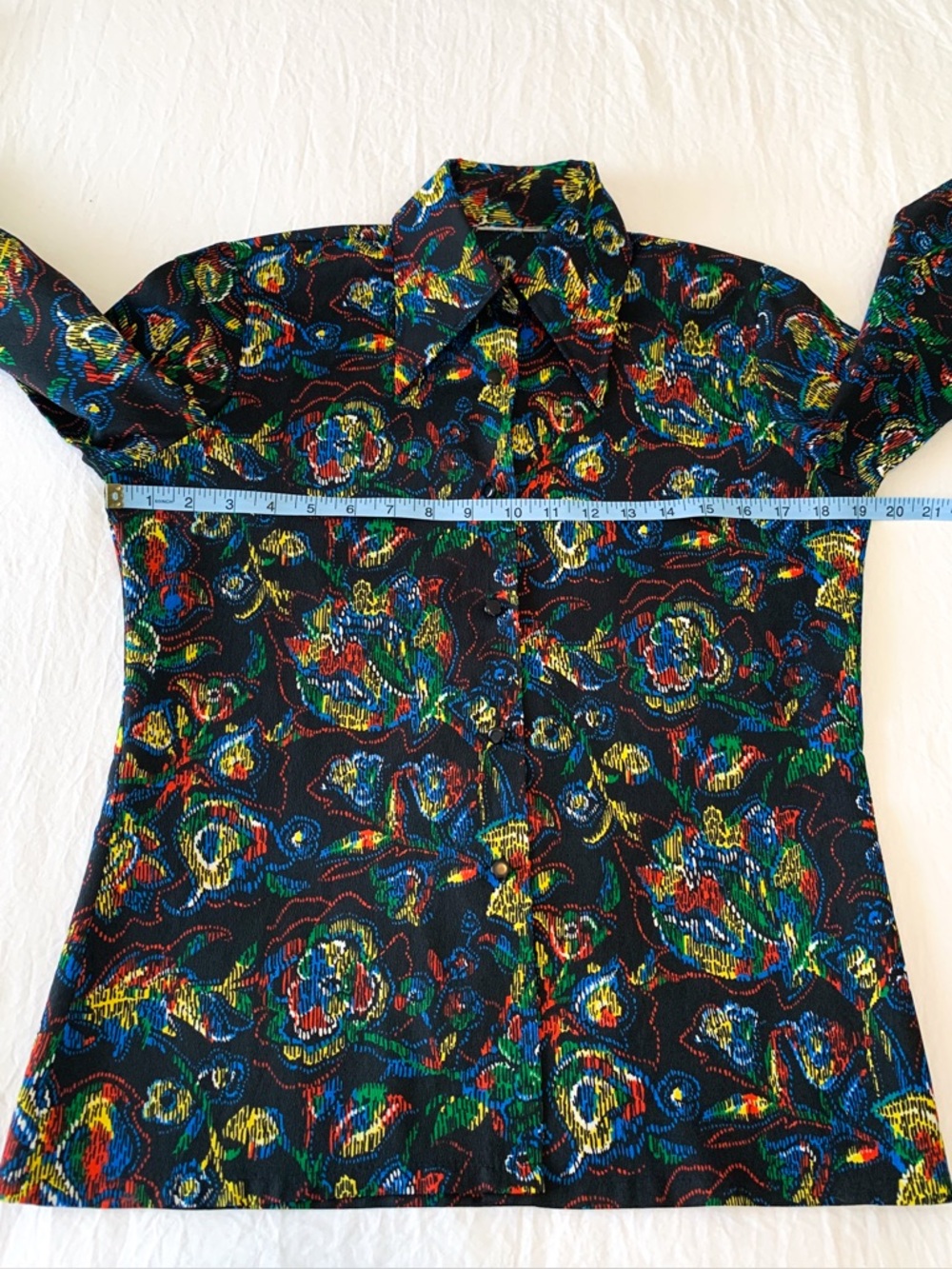 Vintage psychedelic dagger-collar button-up shirt black & flowers fits size 10 - Picture 5 of 8